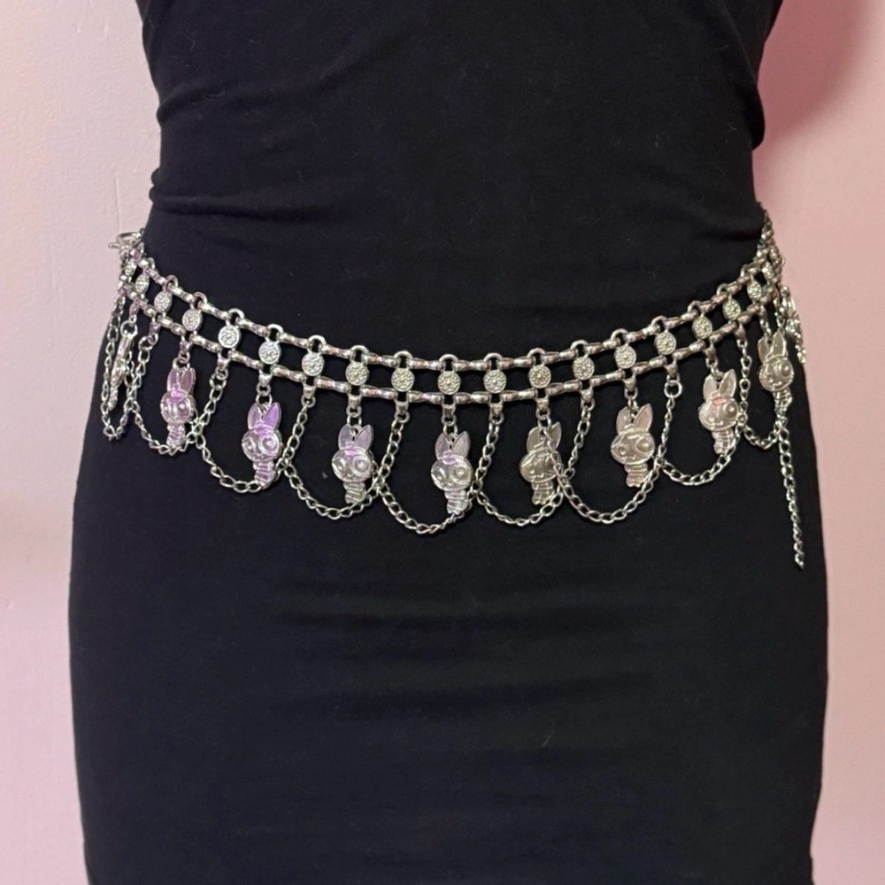Vintage POWERPUFF GIRLS Silver Tone Waist Chain Charm Belt- Blossom Bubbles